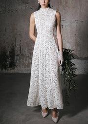 Slim Fit White High Waist Solid Lace Long Dress Sleeveless