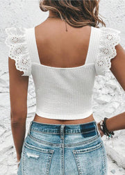 Slim Fit White Hollow Out Solid Cotton Tank Sleeveless