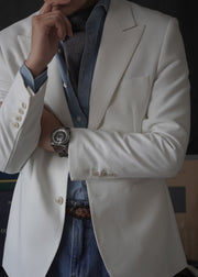 Slim Fit White Notched Button Pockets Spandex Men Coat Fall
