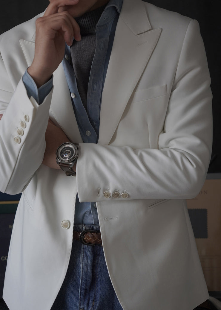 Slim Fit White Notched Button Pockets Spandex Men Coat Fall