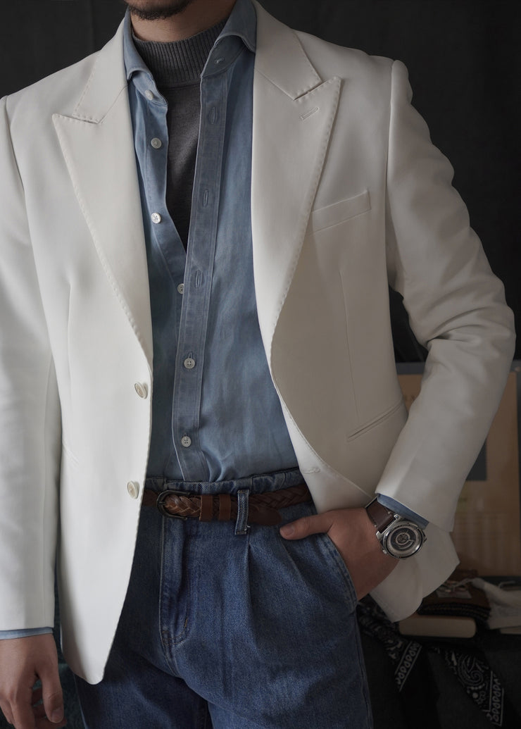 Slim Fit White Notched Button Pockets Spandex Men Coat Fall