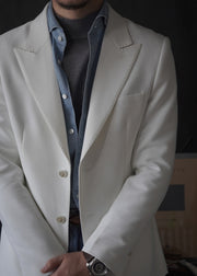 Slim Fit White Notched Button Pockets Spandex Men Coat Fall