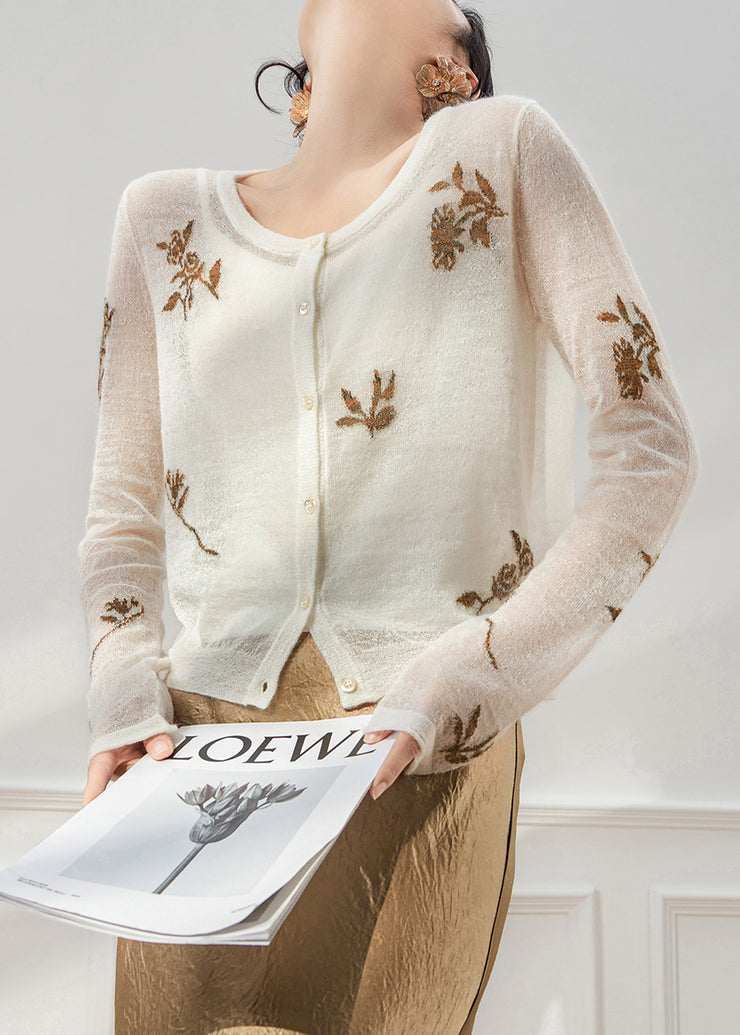 Slim Fit White O Neck Print Button Knit Sweater Fall