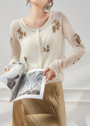 Slim Fit White O Neck Print Button Knit Sweater Fall