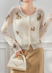 Slim Fit White O Neck Print Button Knit Sweater Fall