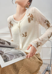 Slim Fit White O Neck Print Button Knit Sweater Fall