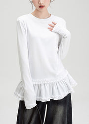 Slim Fit White O Neck Ruffled Cotton T Shirt Fall