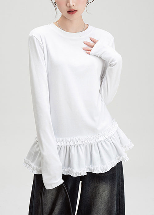 Slim Fit White O Neck Ruffled Cotton T Shirt Fall