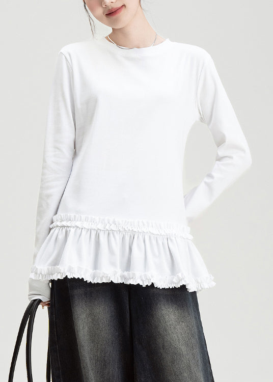 Slim Fit White O Neck Ruffled Cotton T Shirt Fall
