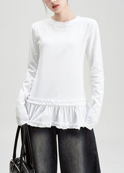 Slim Fit White O Neck Ruffled Cotton T Shirt Fall