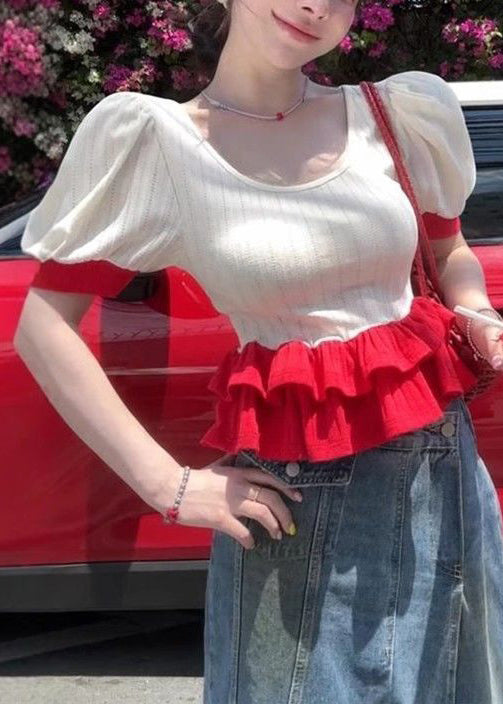 Slim Fit White O Neck Ruffled Patchwork Cotton T Shirts Summer