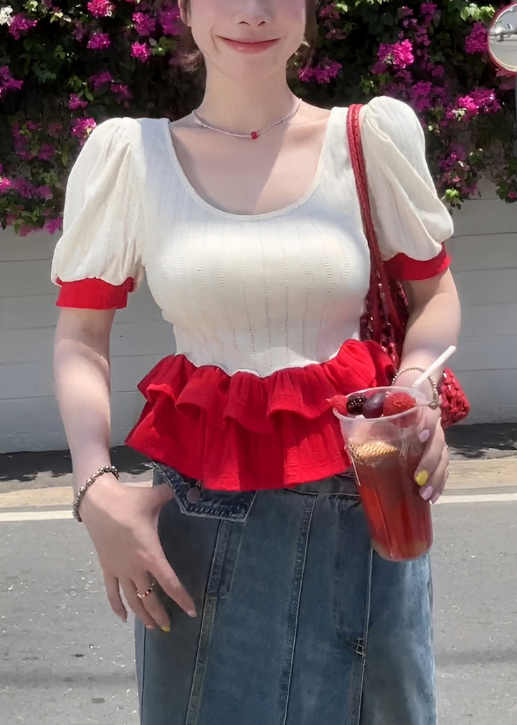 Slim Fit White O Neck Ruffled Patchwork Cotton T Shirts Summer