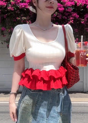 Slim Fit White O Neck Ruffled Patchwork Cotton T Shirts Summer