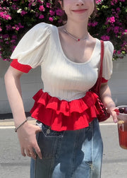 Slim Fit White O Neck Ruffled Patchwork Cotton T Shirts Summer