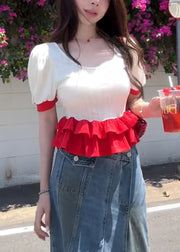 Slim Fit White O Neck Ruffled Patchwork Cotton T Shirts Summer