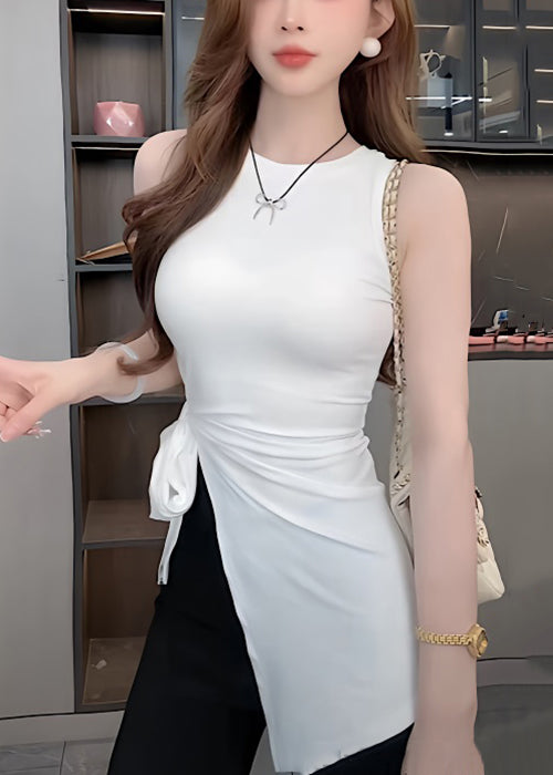Slim Fit White O Neck Side Open Lace Up Cotton T Shirt Sleeveless