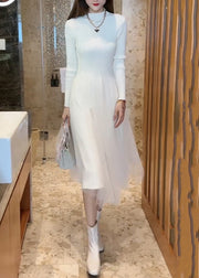 Slim Fit White O Neck Tulle Patchwork Knit Long Knit Dress