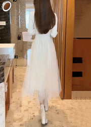 Slim Fit White O Neck Tulle Patchwork Knit Long Knit Dress