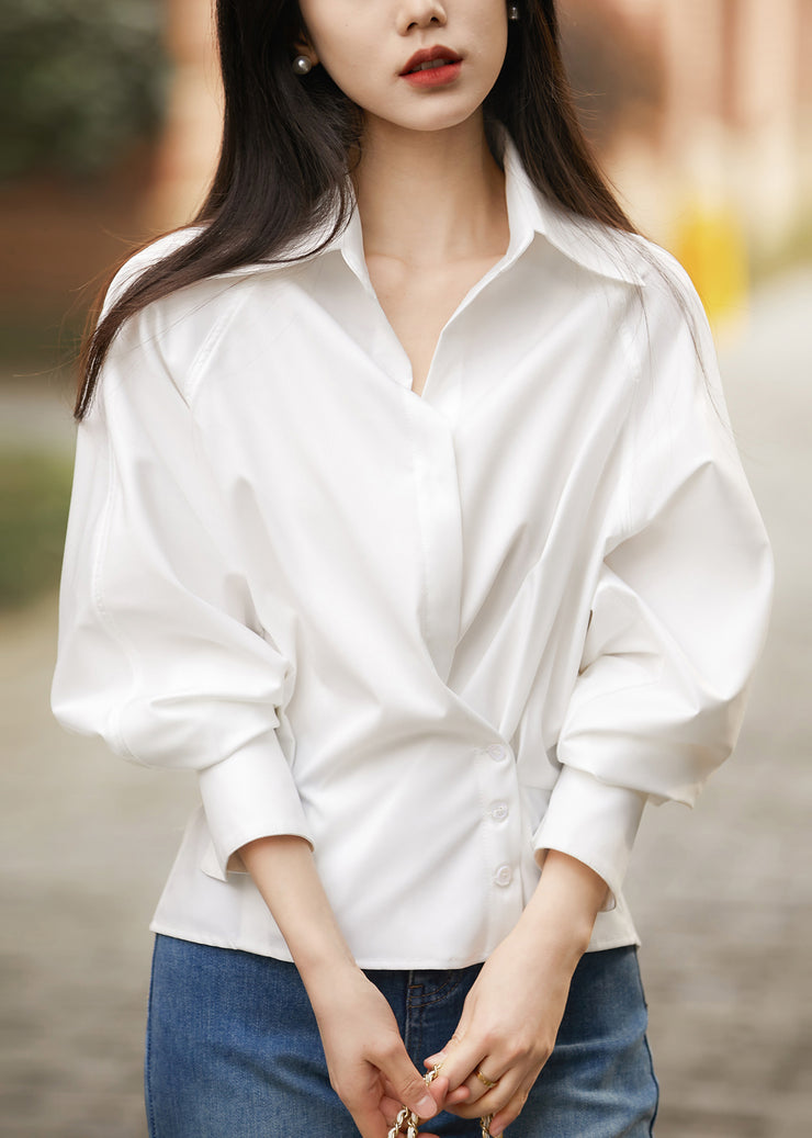 Slim Fit White Peter Pan Collar Button Cotton Shirt Fall