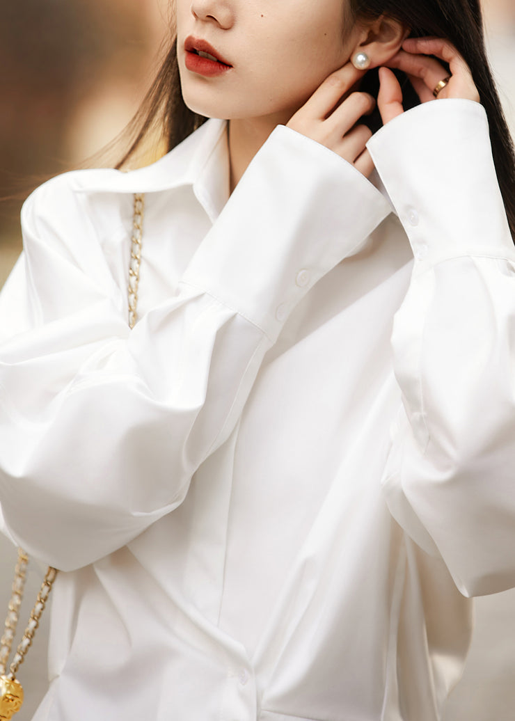 Slim Fit White Peter Pan Collar Button Cotton Shirt Fall