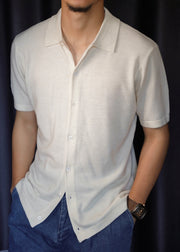 Slim Fit White Peter Pan Collar Button Knit Mens Shirt Summer