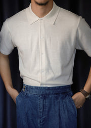 Slim Fit White Peter Pan Collar Button Knit Mens Shirt Summer