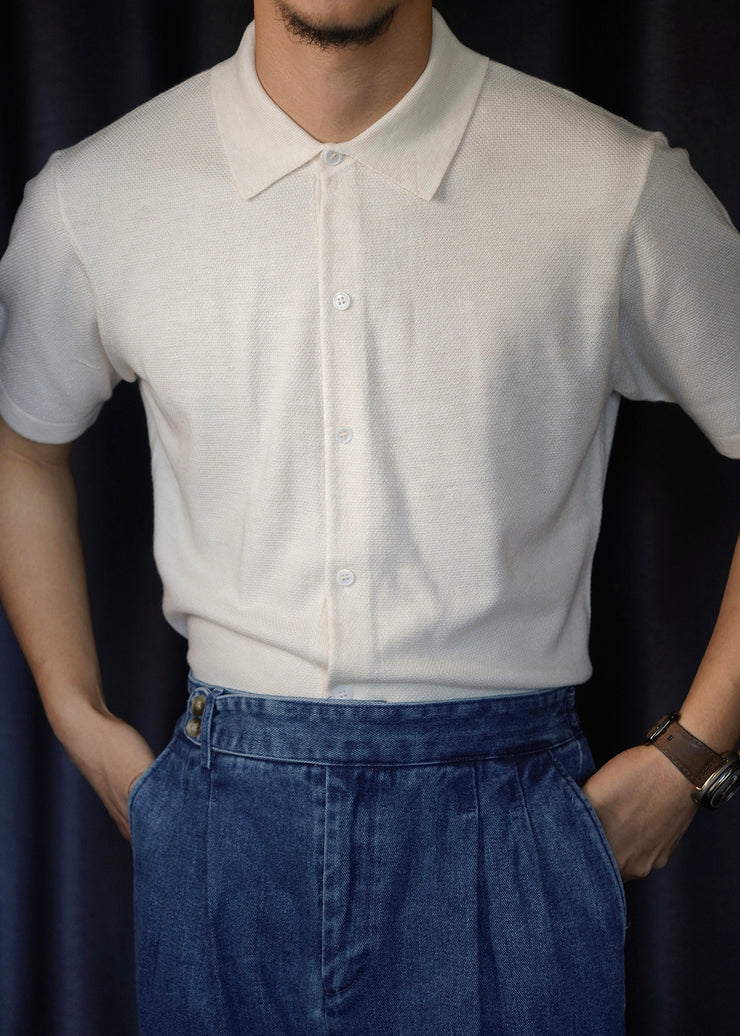 Slim Fit White Peter Pan Collar Button Knit Mens Shirt Summer