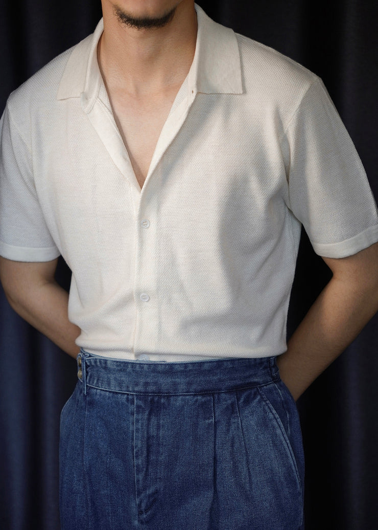 Slim Fit White Peter Pan Collar Button Knit Mens Shirt Summer