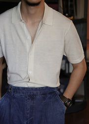 Slim Fit White Peter Pan Collar Button Knit Mens Shirt Summer