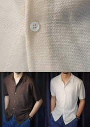 Slim Fit White Peter Pan Collar Button Knit Mens Shirt Summer