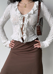 Slim Fit White Ruffled Lace Up Cotton Blouse Top Fall