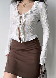 Slim Fit White Ruffled Lace Up Cotton Blouse Top Fall