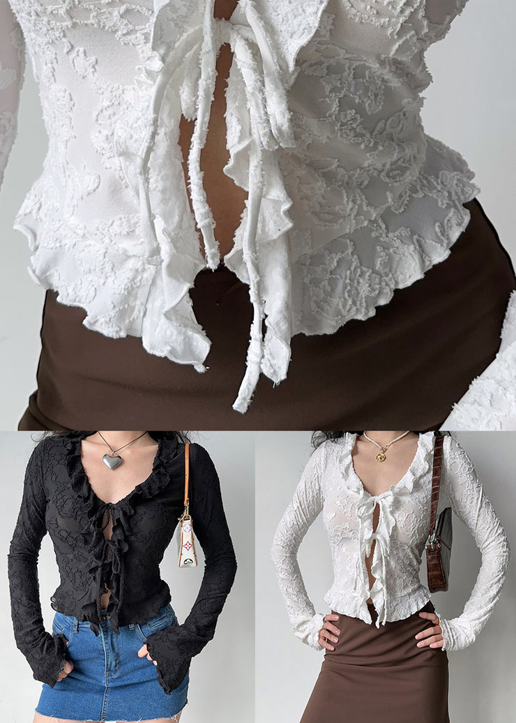 Slim Fit White Ruffled Lace Up Cotton Blouse Top Fall