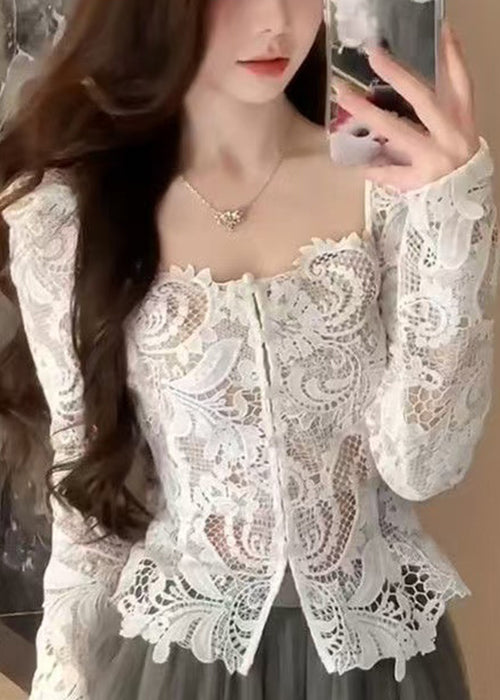 Slim Fit White Square Collar Hollow Out Lace Shirt Fall