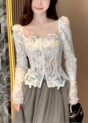 Slim Fit White Square Collar Hollow Out Lace Shirt Fall