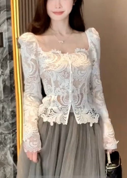 Slim Fit White Square Collar Hollow Out Lace Shirt Fall