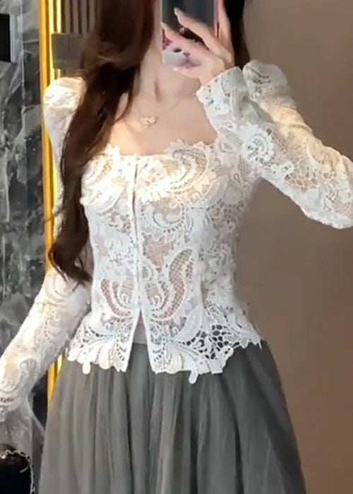 Slim Fit White Square Collar Hollow Out Lace Shirt Fall