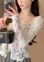 Slim Fit White Square Collar Hollow Out Lace Shirt Fall