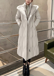 Slim Fit White Stand Collar Zippered Long Parka Winter