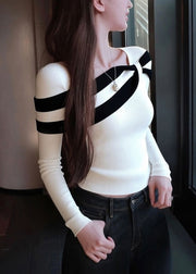 Slim Fit White Striped Patchwork Knit Sweaters Fall