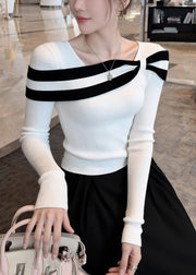 Slim Fit White Striped Patchwork Knit Sweaters Fall