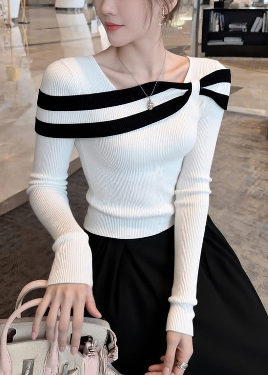 Slim Fit White Striped Patchwork Knit Sweaters Fall