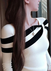 Slim Fit White Striped Patchwork Knit Sweaters Fall
