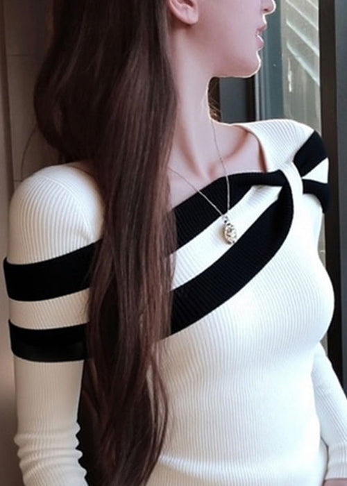 Slim Fit White Striped Patchwork Knit Sweaters Fall