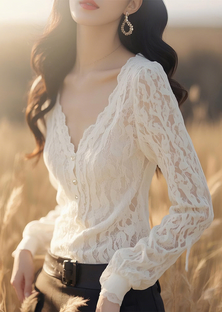 Slim Fit White V Neck Button Solid Lace Blouses Fall