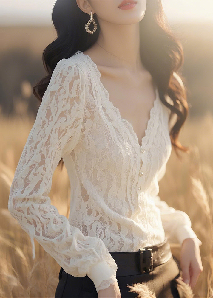 Slim Fit White V Neck Button Solid Lace Blouses Fall