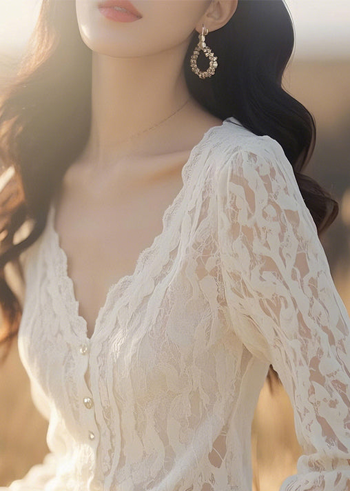 Slim Fit White V Neck Button Solid Lace Blouses Fall