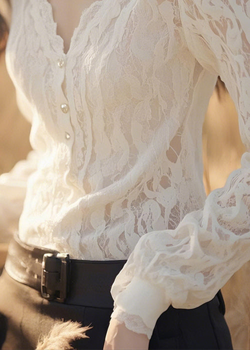 Slim Fit White V Neck Button Solid Lace Blouses Fall
