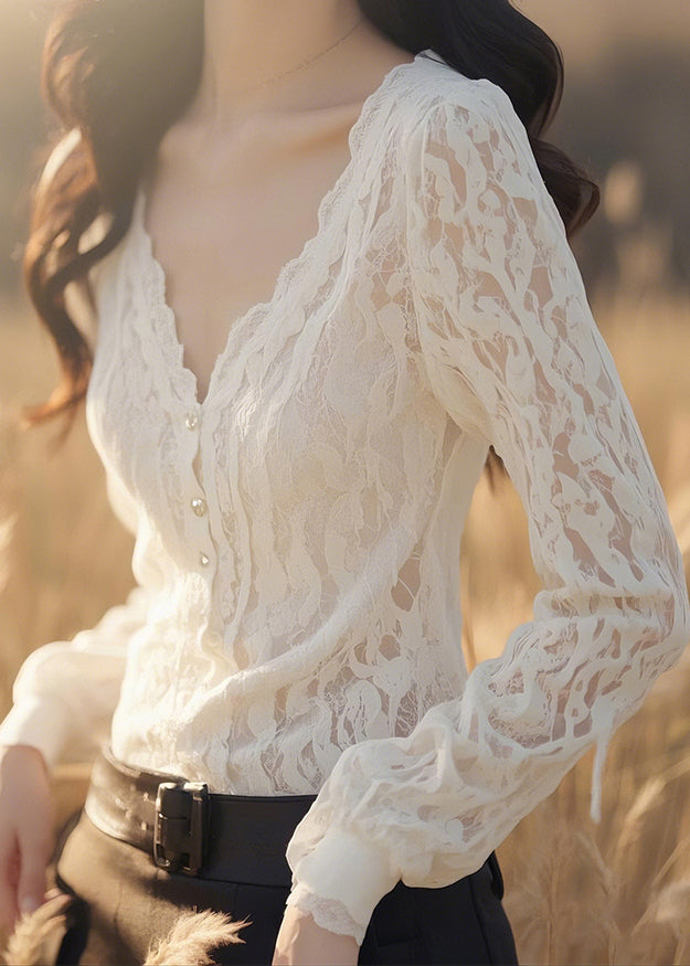 Slim Fit White V Neck Button Solid Lace Blouses Fall