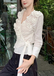 Slim Fit White V Neck Floral lace Up Cotton T Shirt Fall